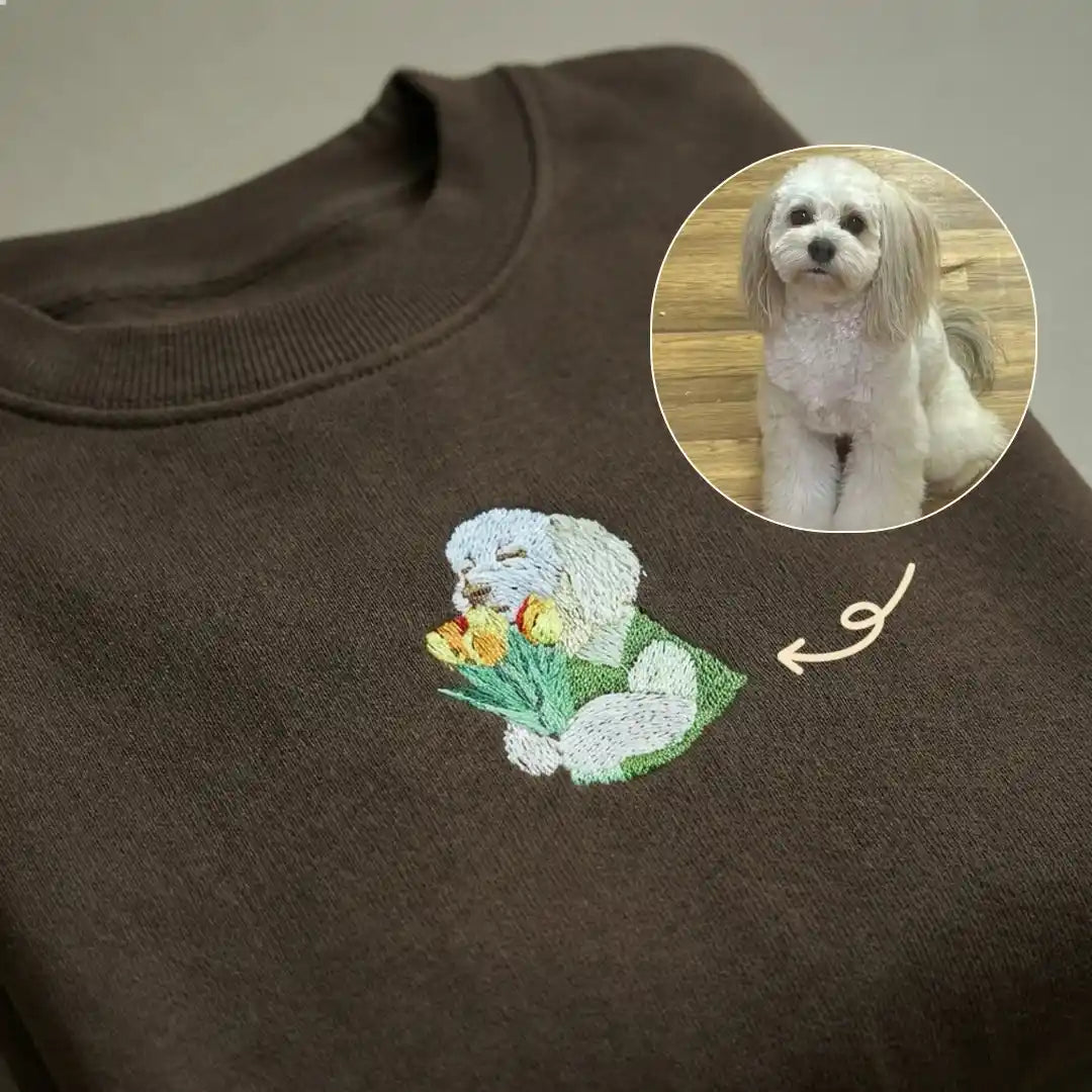 Custom Blooming Hug Embroidered Dog Portrait Sweatshirt, Hoodie