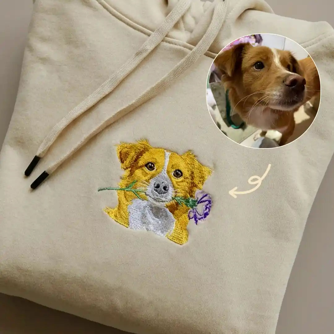 Custom Gentle Petal Embroidered Dog Portrait Hoodie, Sweatshirt