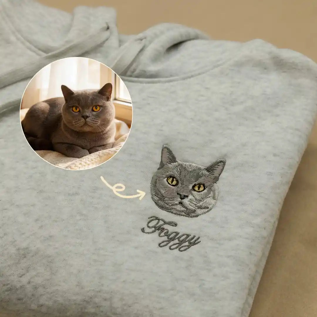 Custom Full-Color Embroidered Cat Portrait Hoodie, Sweatshirt
