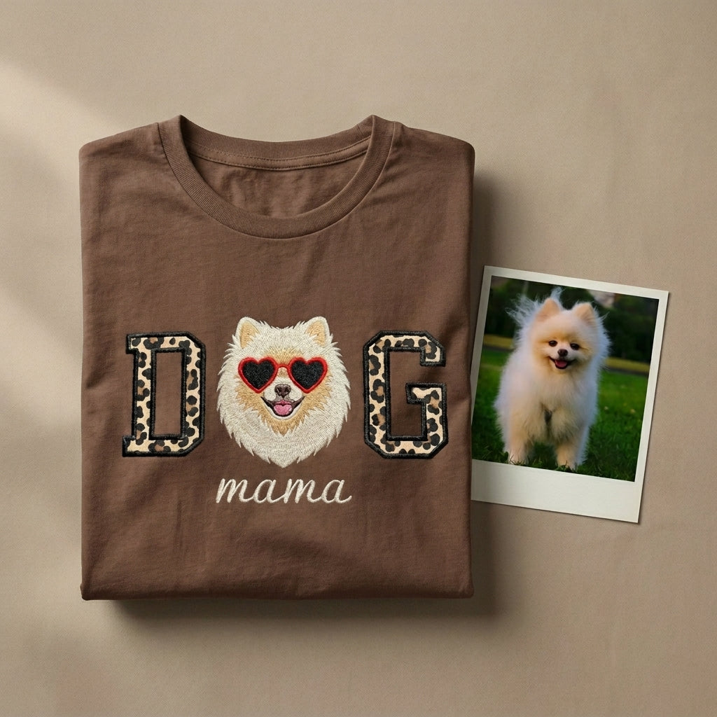 Custom DOG mama Embroidered Pet Portrait T-shirt