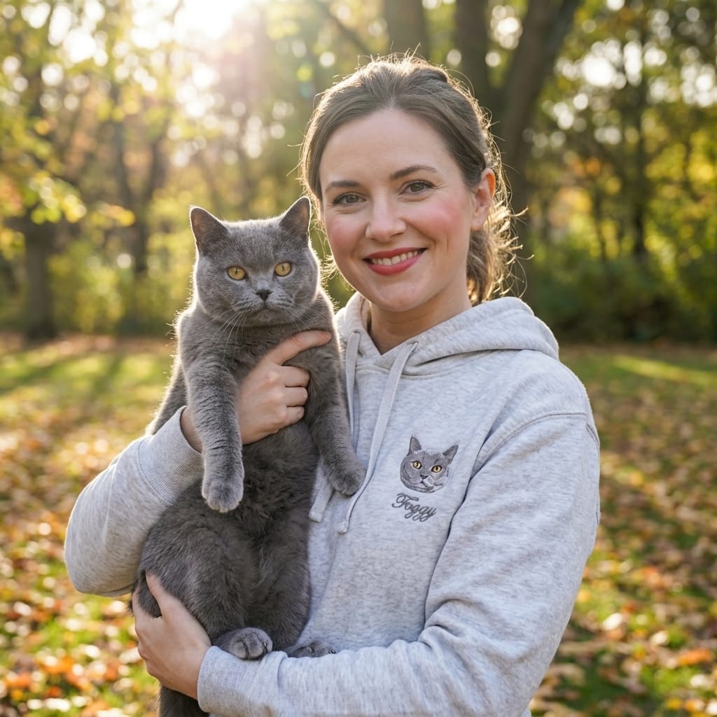 Custom Full-Color Embroidered Cat Portrait Hoodie, Sweatshirt