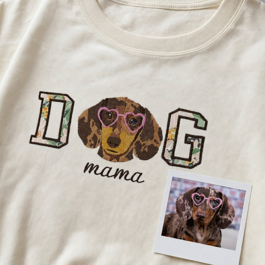 Custom DOG mama Embroidered Pet Portrait T-shirt