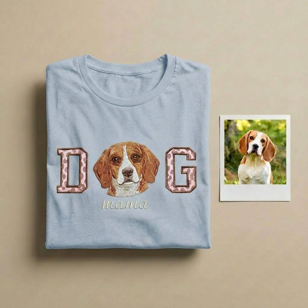 Custom DOG mama Embroidered Pet Portrait T-shirt