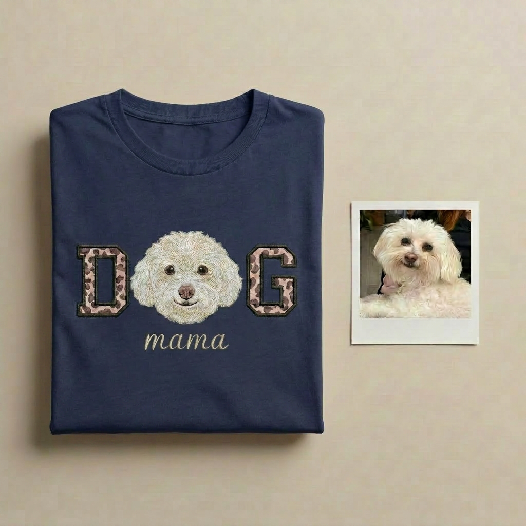 Custom DOG mama Embroidered Pet Portrait T-shirt