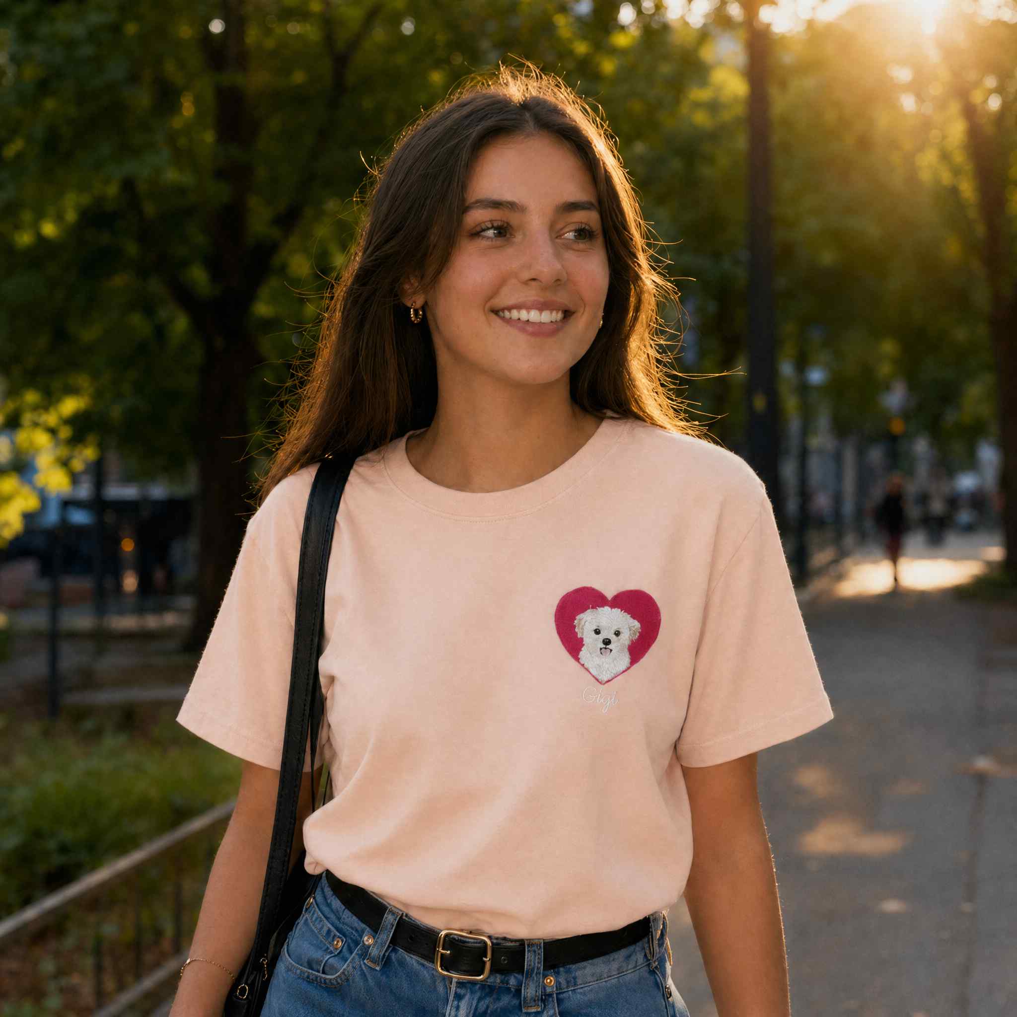 Custom Heart Embroidered Pet Portrait T-shirt