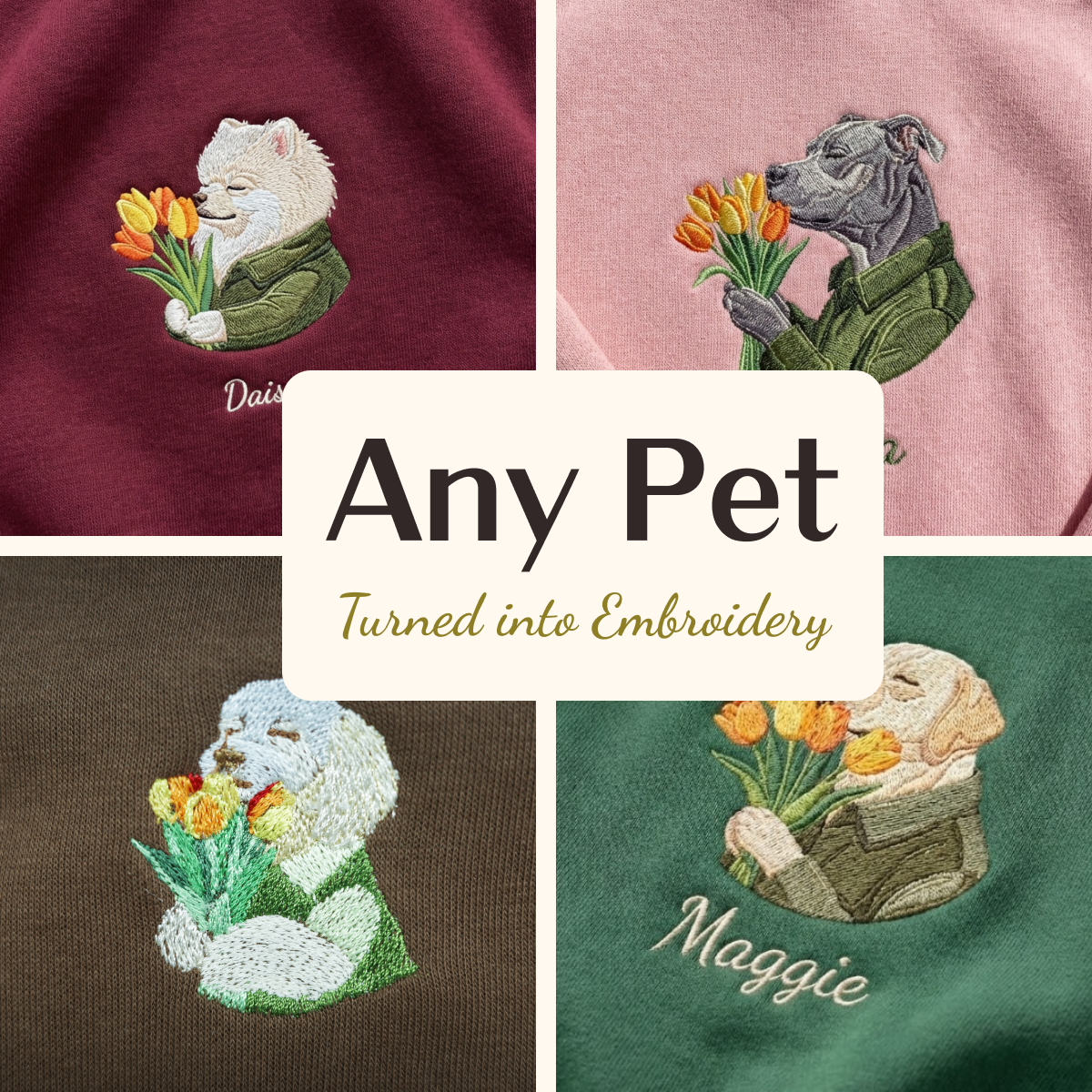 Custom Blooming Hug Embroidered Dog Portrait Sweatshirt, Hoodie