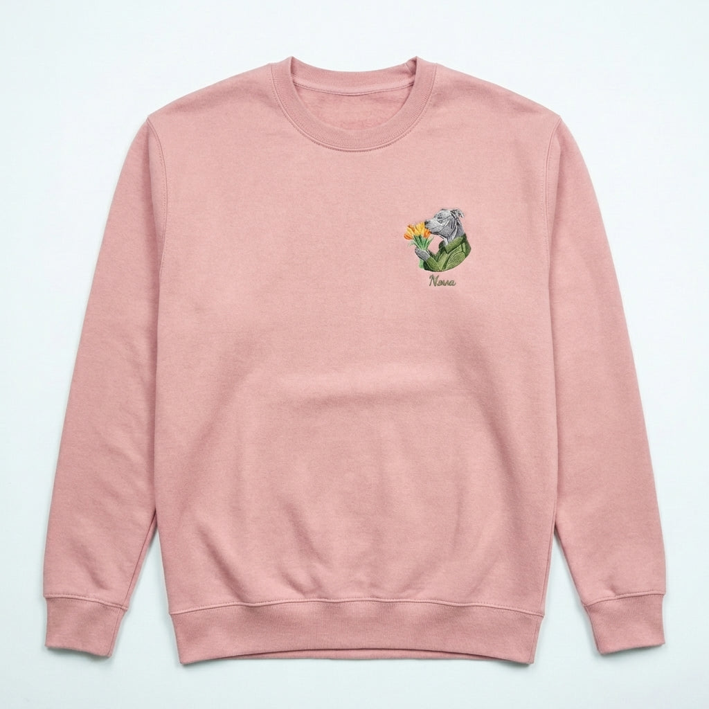 Custom Blooming Hug Embroidered Dog Portrait Sweatshirt, Hoodie