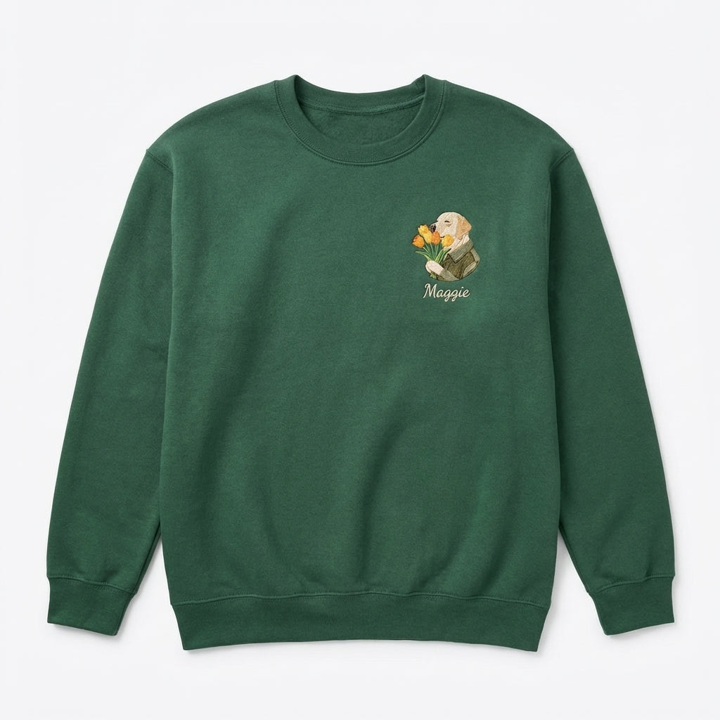 Custom Blooming Hug Embroidered Dog Portrait Sweatshirt, Hoodie