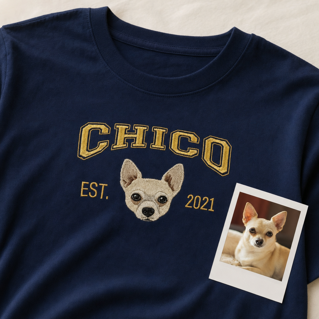 Custom College Embroidered Pet Portrait T-shirt