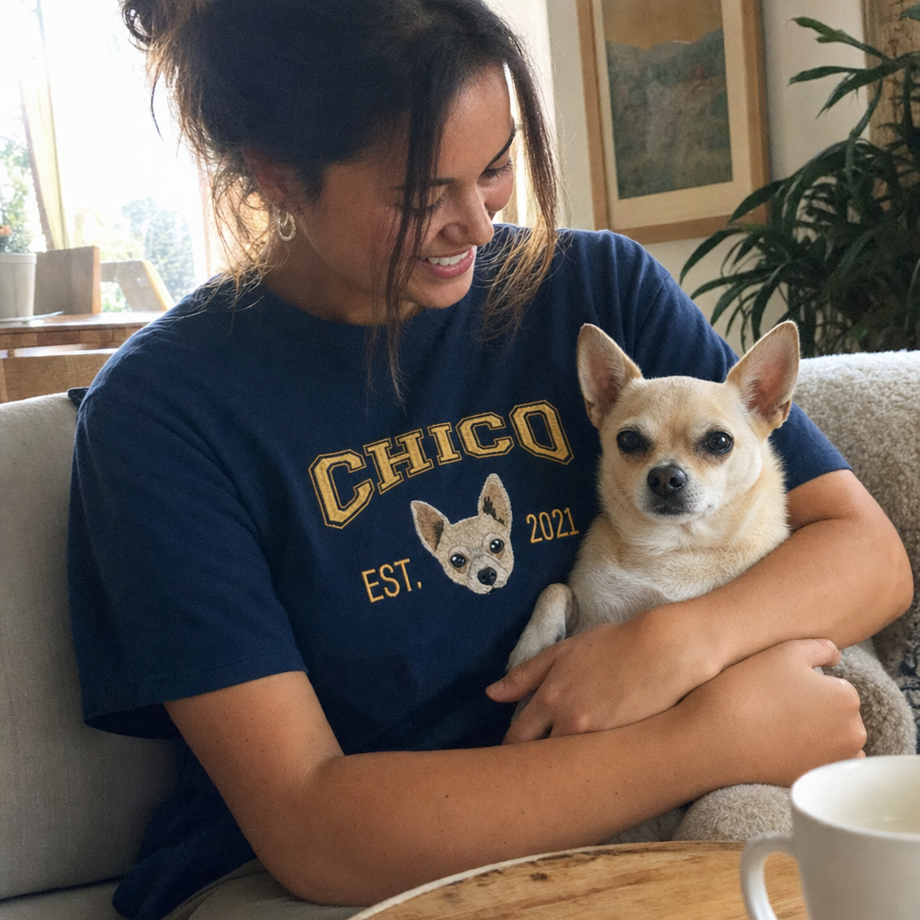 Custom College Embroidered Pet Portrait T-shirt