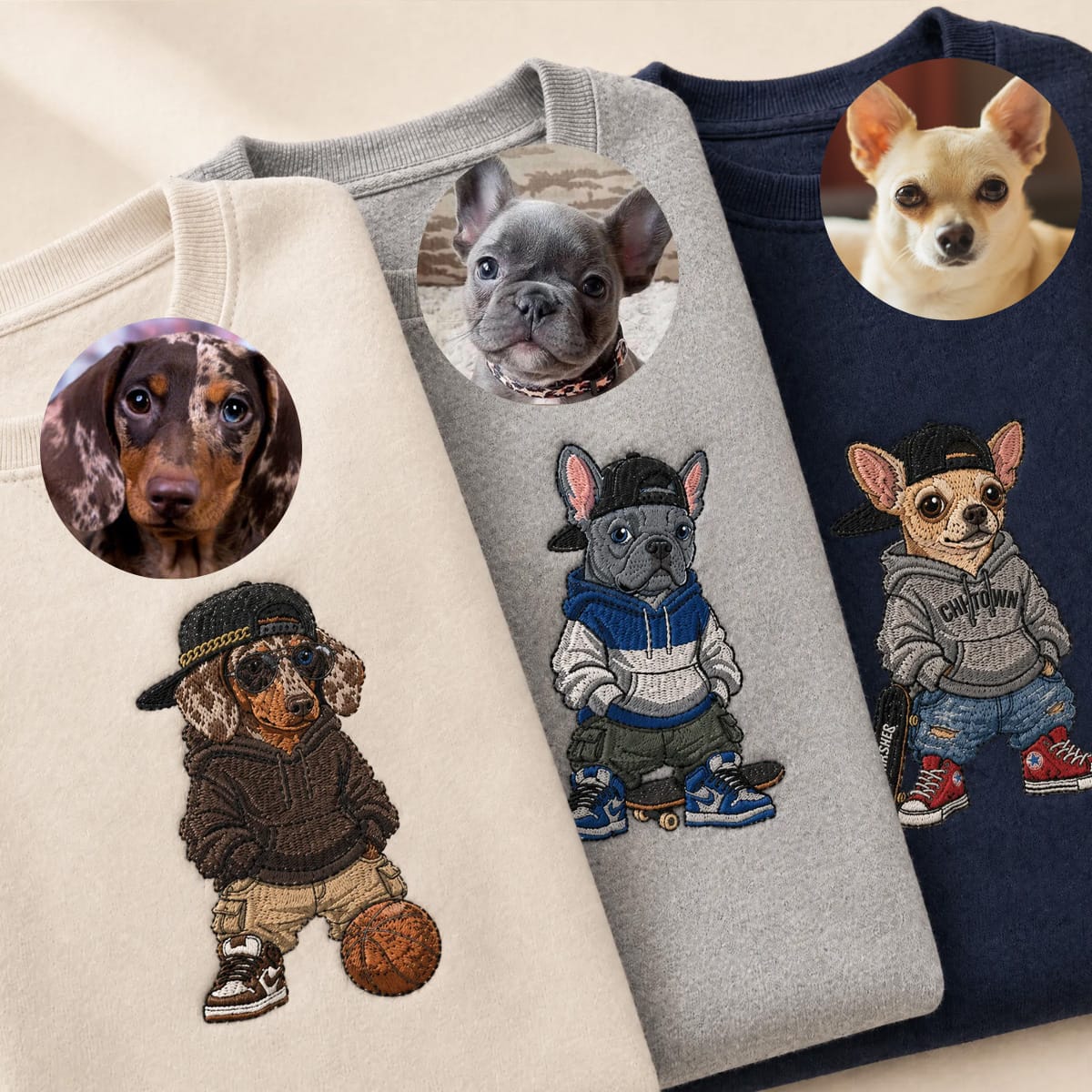Custom City Cool Embroidered Dog Portrait Hoodie, Sweatshirt