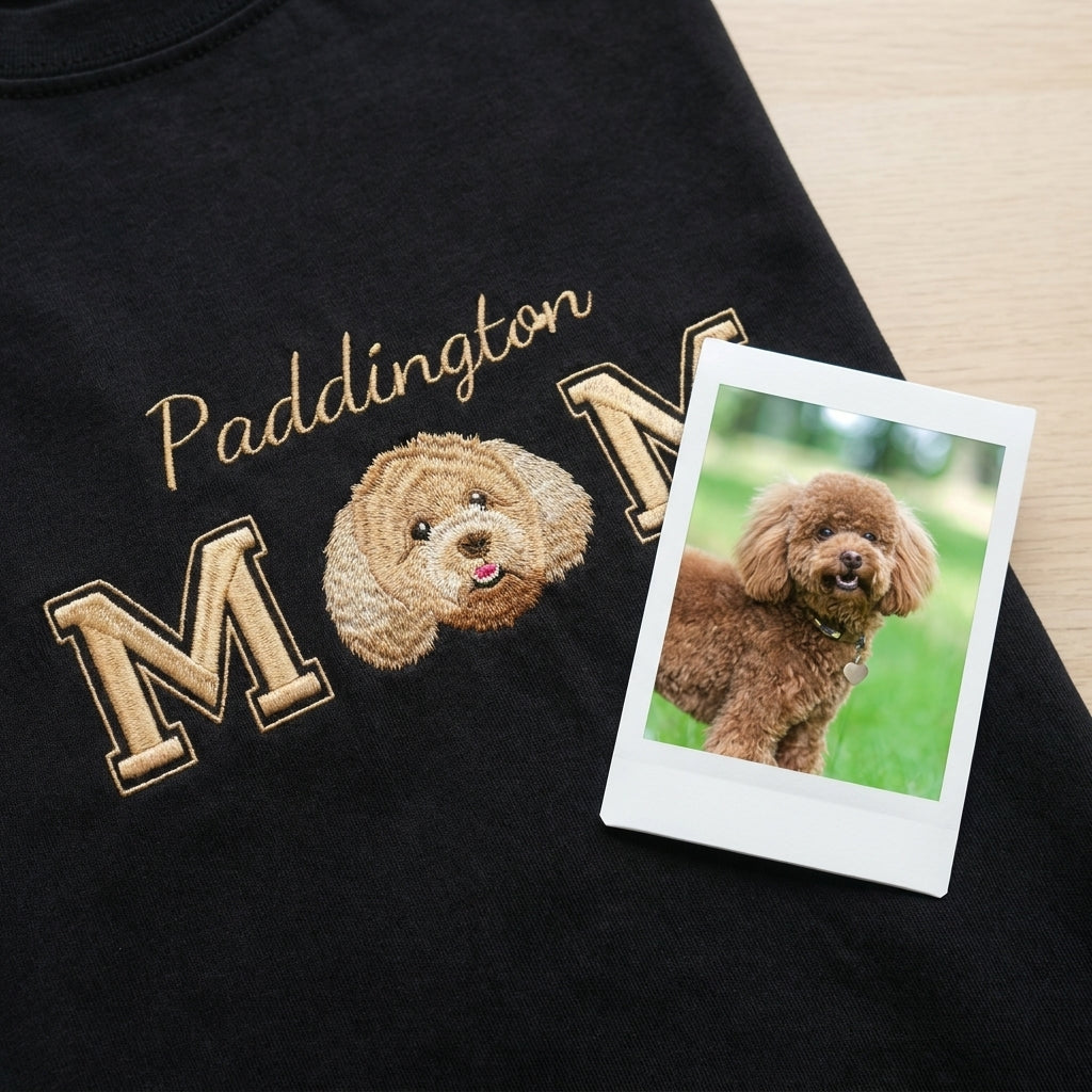 Custom MOM Embroidered Pet Portrait T-shirt