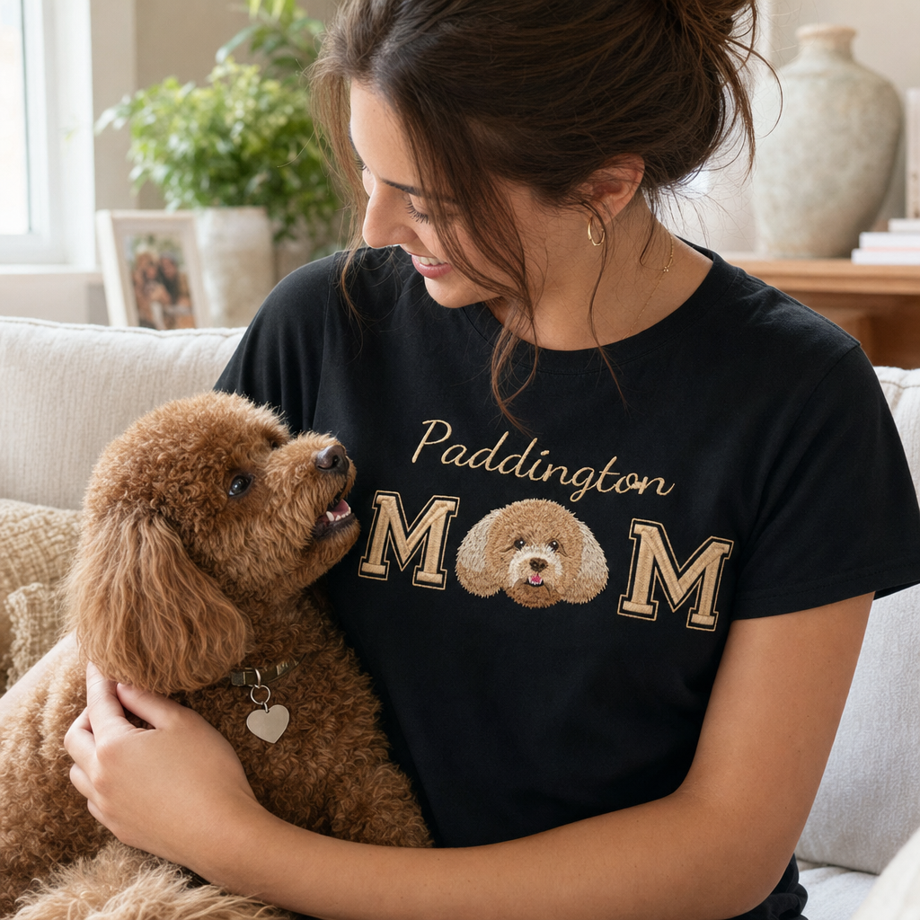 Custom MOM Embroidered Pet Portrait T-shirt