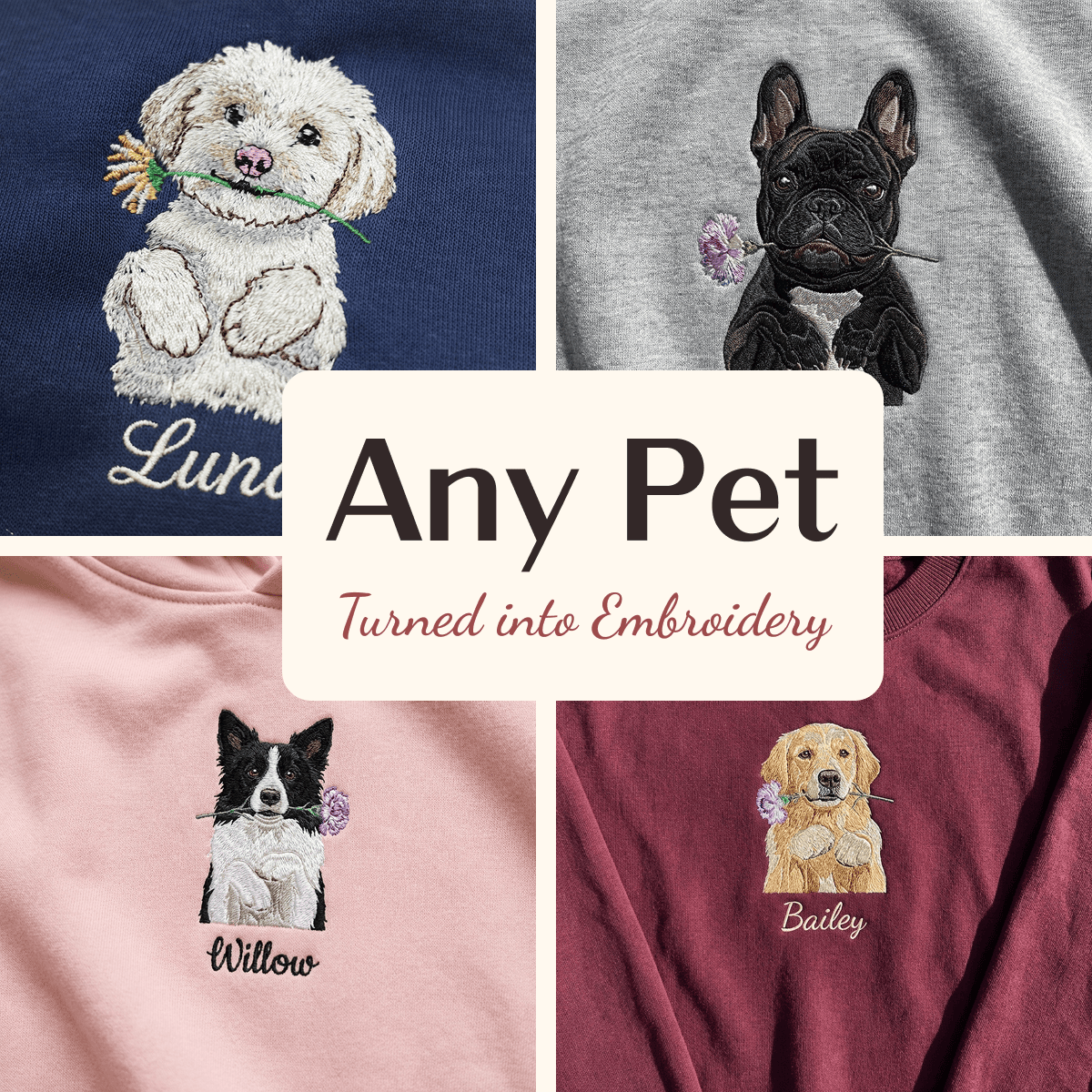 Custom Gentle Petal Embroidered Dog Portrait Hoodie, Sweatshirt