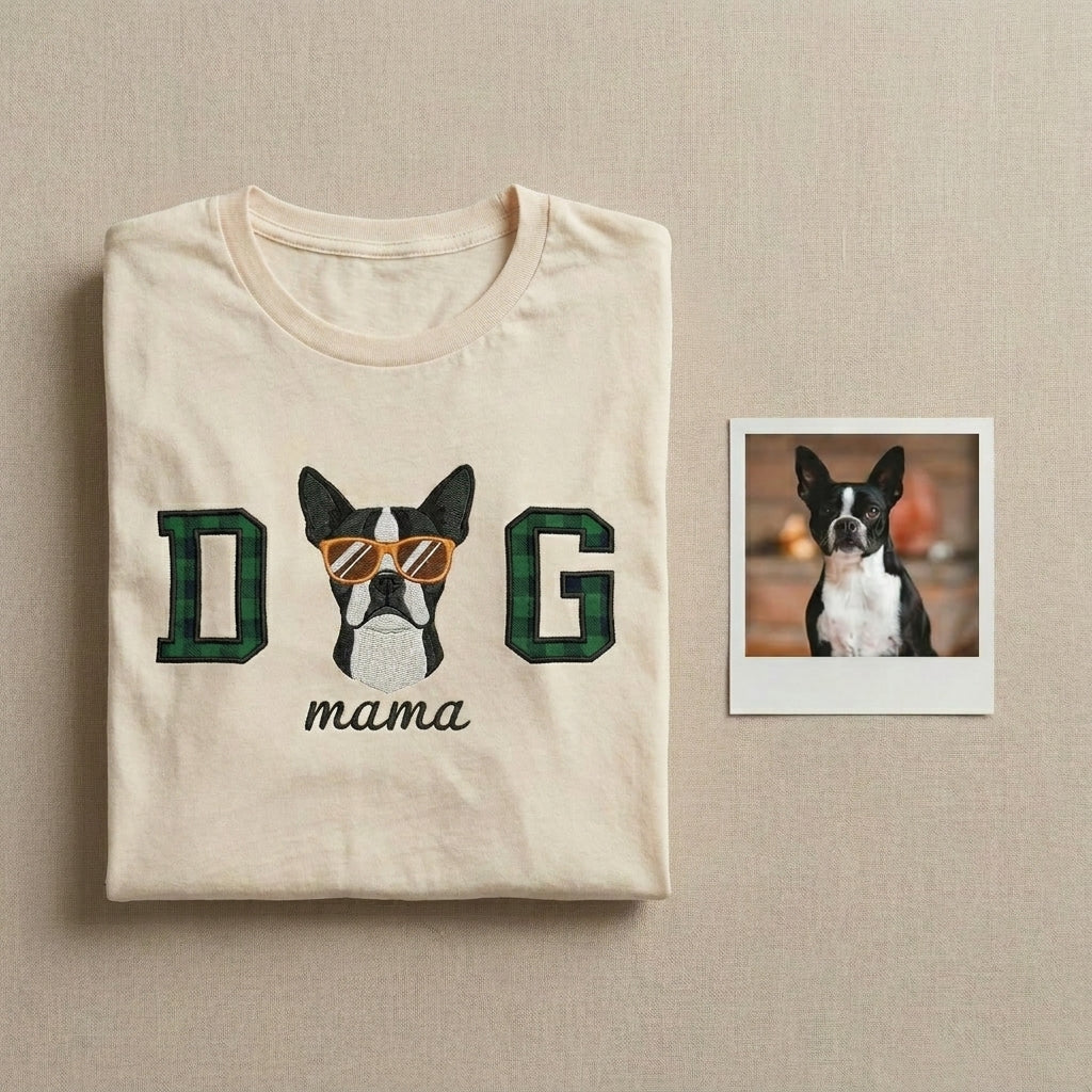 Custom DOG mama Embroidered Pet Portrait T-shirt